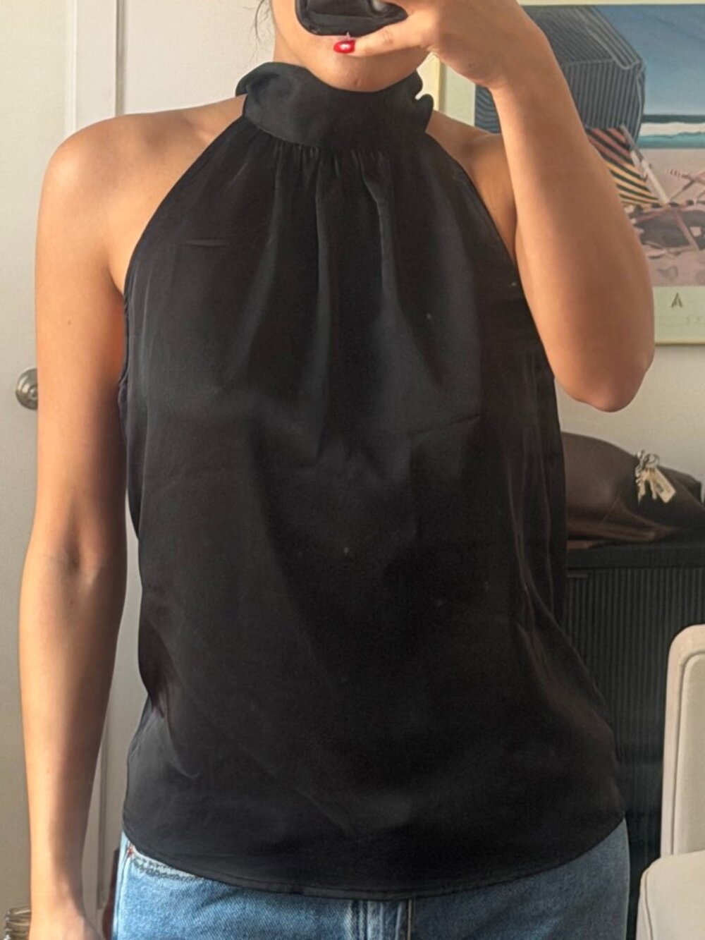 Aqua Black Satin Halter Top with Scarf Detail — XS